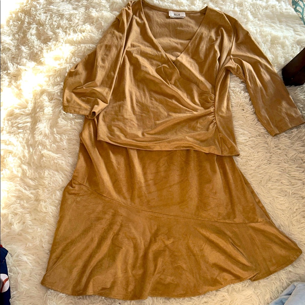 Tan Suede Two-Piece skirt  Set
